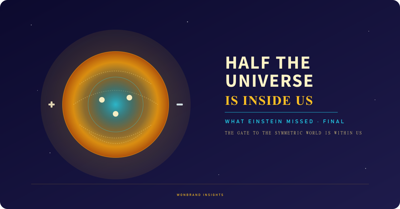 プラスとマイナスの記号に挟まれ三つの粒を抱く橙と青緑の陽子のイラストと「Half the Universe Is Inside Us」のタイトルが入った表紙画像
