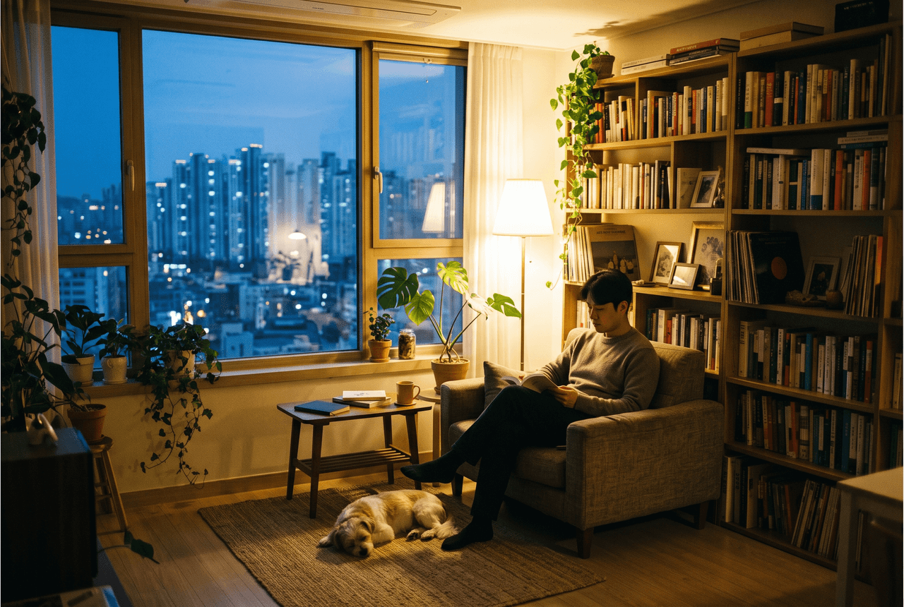 책장과 화분이 가득한 따뜻한 조명의 집에서 안락의자에 앉아 책을 읽는 남자, 옆 러그 위에서 잠든 강아지, 창밖으로 해 질 녘 도시 야경이 펼쳐진 모습