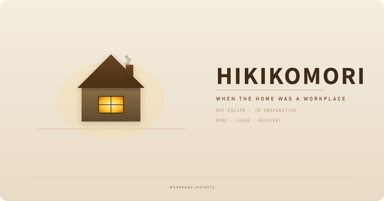 Small brown house with a warmly lit window and chimney smoke, beside the title "Hikikomori: When the Home Was a Workplace"