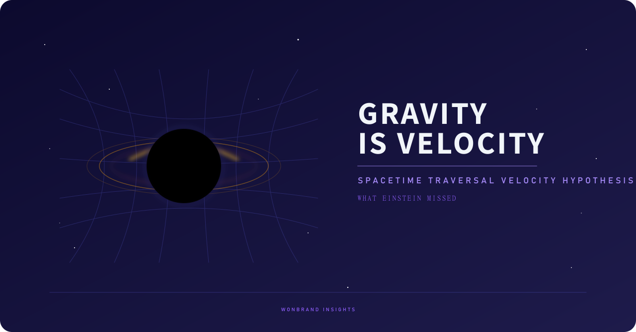 짙은 남색 별 배경에서 시공간 격자를 휘게 하는 금빛 고리의 검은 구체 일러스트와 "Gravity Is Velocity" 제목의 표지 이미지