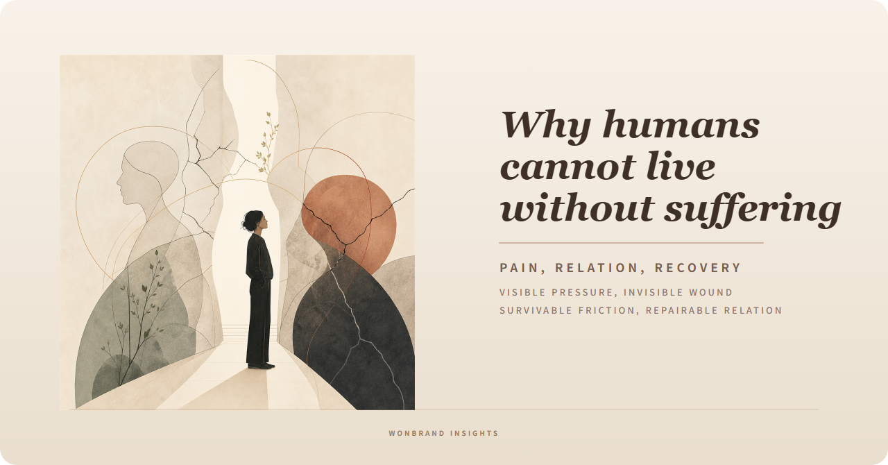 ひび割れた石の形の間に立つ黒い服の人物を描いた落ち着いた色調のイラストと「Why humans cannot live without suffering」のタイトルが入った表紙画像