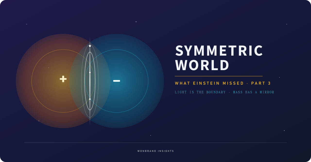 Title card with overlapping orange plus and blue minus circles split by a bright vertical line of light, reading "Symmetric World"